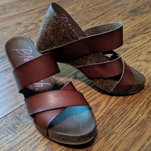 Blowfish brown strappy sandal slip on wedges heels